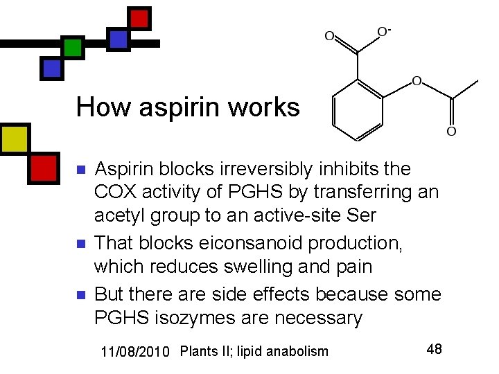 How aspirin works n n n Aspirin blocks irreversibly inhibits the COX activity of