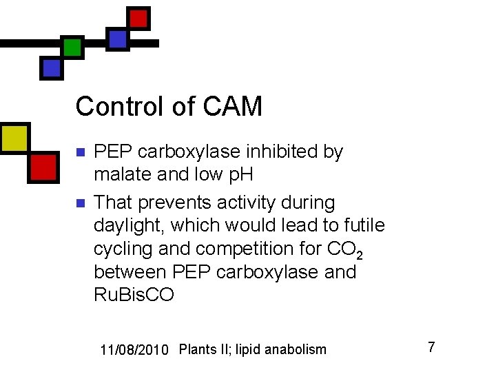 Control of CAM n n PEP carboxylase inhibited by malate and low p. H