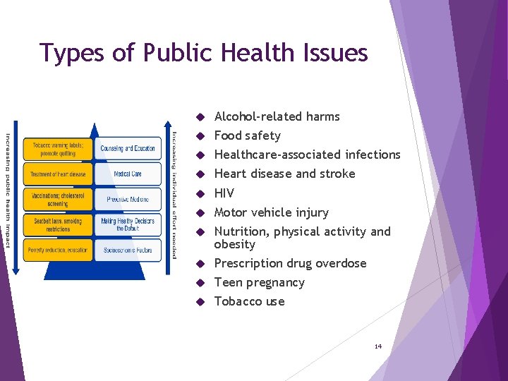 Types of Public Health Issues Alcohol-related harms Food safety Healthcare-associated infections Heart disease and