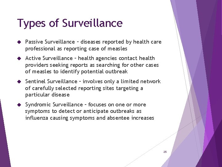 Types of Surveillance Passive Surveillance – diseases reported by health care professional as reporting