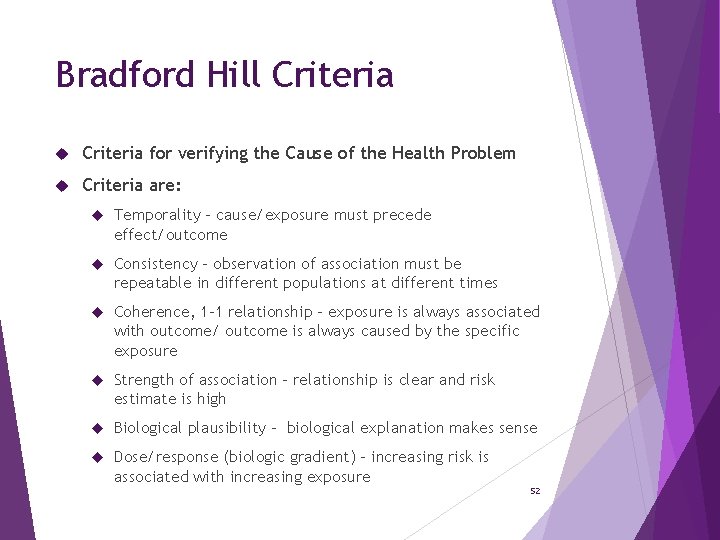 Bradford Hill Criteria for verifying the Cause of the Health Problem Criteria are: Temporality