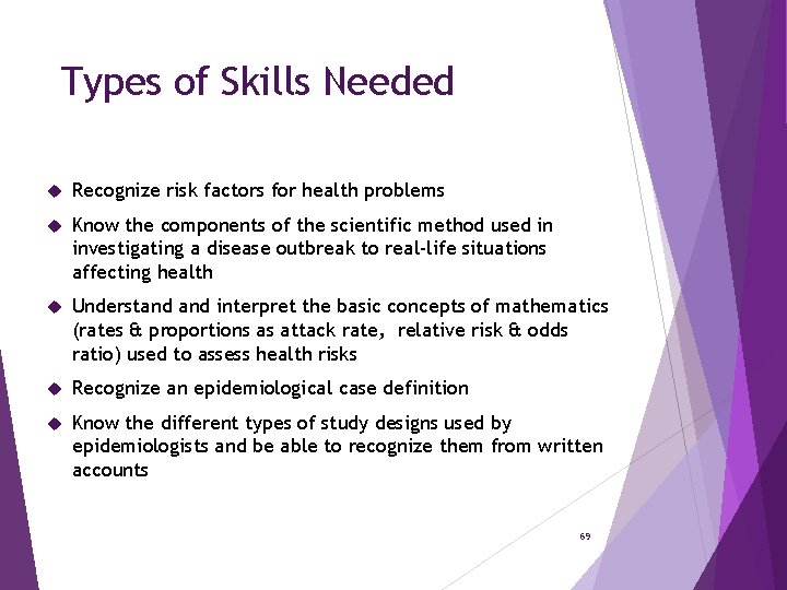 Types of Skills Needed Recognize risk factors for health problems Know the components of