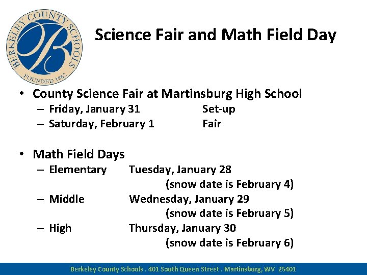 Science Fair and Math Field Day • County Science Fair at Martinsburg High School