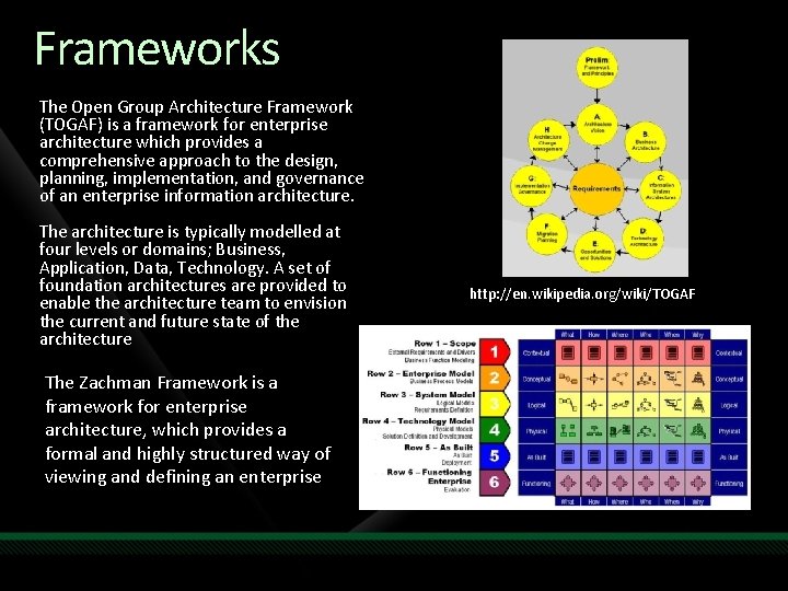 Frameworks The Open Group Architecture Framework (TOGAF) is a framework for enterprise architecture which