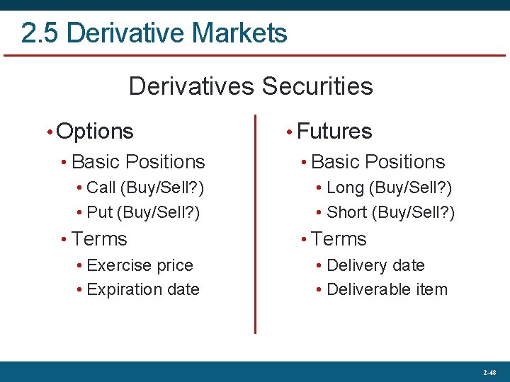 2. 5 Derivative Markets Derivatives Securities • Options • Basic Positions • Call (Buy/Sell?