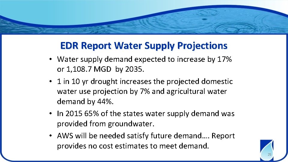 EDR Report Water Supply Projections • Water supply demand expected to increase by 17%