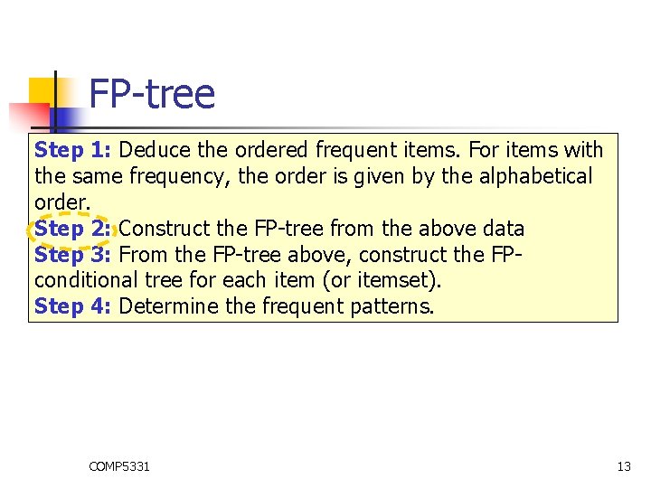 FP-tree Step 1: Deduce the ordered frequent items. For items with the same frequency,
