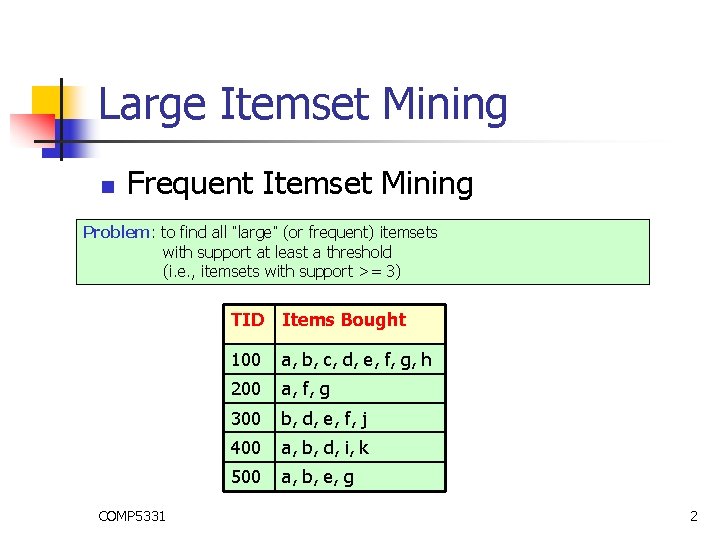 Large Itemset Mining n Frequent Itemset Mining Problem: to find all “large” (or frequent)