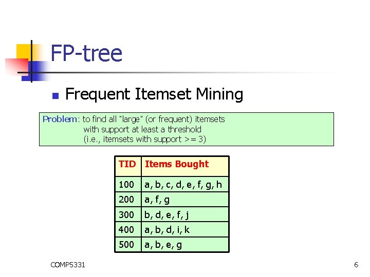 FP-tree n Frequent Itemset Mining Problem: to find all “large” (or frequent) itemsets with