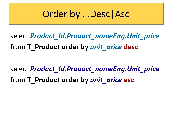 Order by …Desc|Asc select Product_Id, Product_name. Eng, Unit_price from T_Product order by unit_price desc