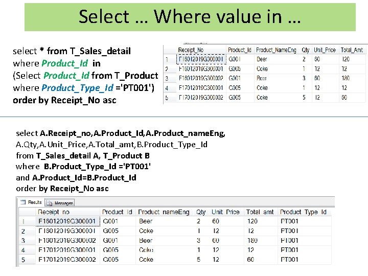 Select … Where value in … select * from T_Sales_detail where Product_Id in (Select