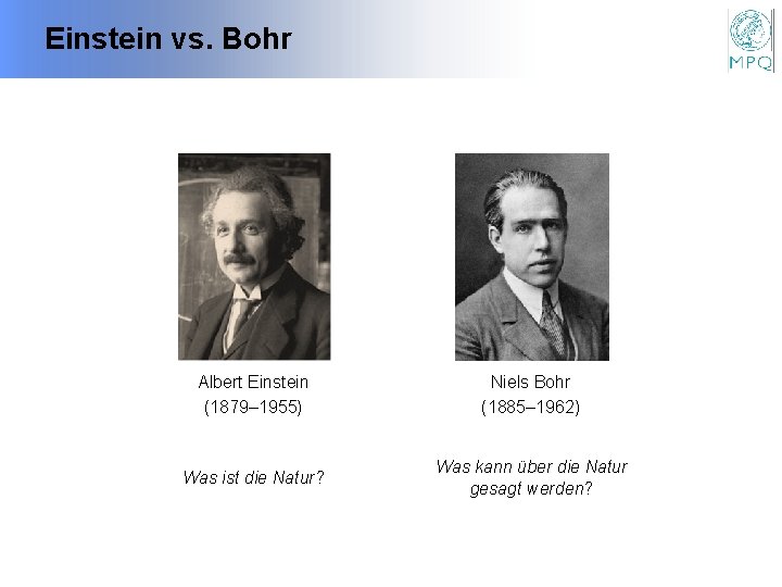 Einstein vs. Bohr Albert Einstein (1879– 1955) Niels Bohr (1885– 1962) Was ist die