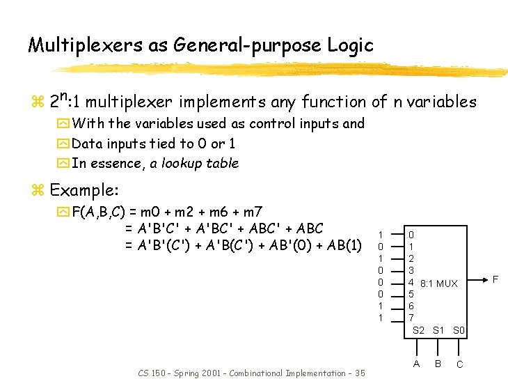 Multiplexers as General-purpose Logic z 2 n: 1 multiplexer implements any function of n