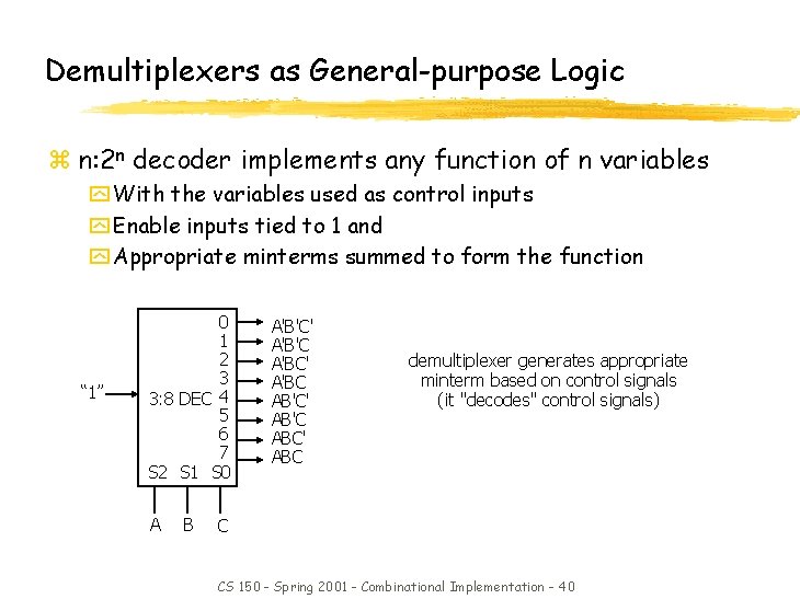Demultiplexers as General-purpose Logic z n: 2 n decoder implements any function of n