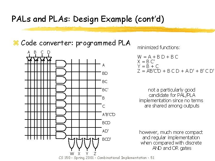 PALs and PLAs: Design Example (cont’d) z Code converter: programmed PLA A B C