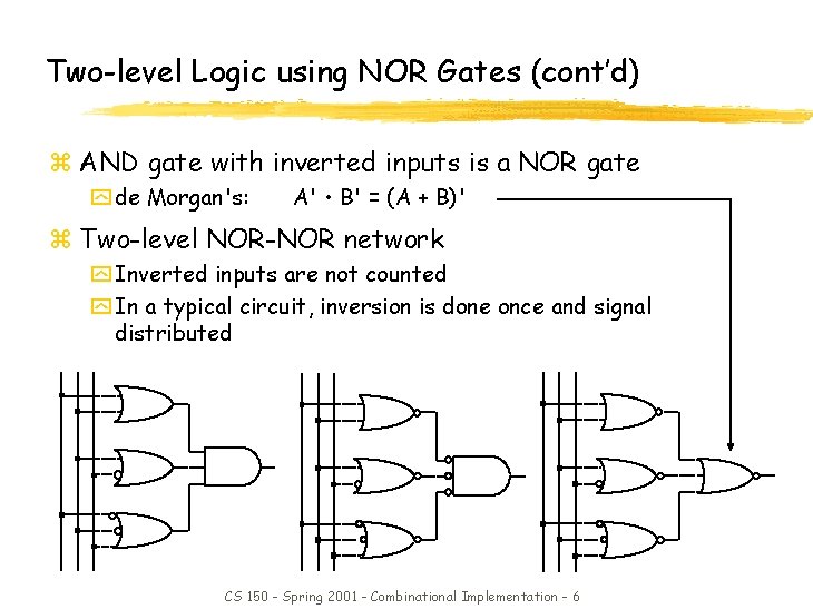 Two-level Logic using NOR Gates (cont’d) z AND gate with inverted inputs is a