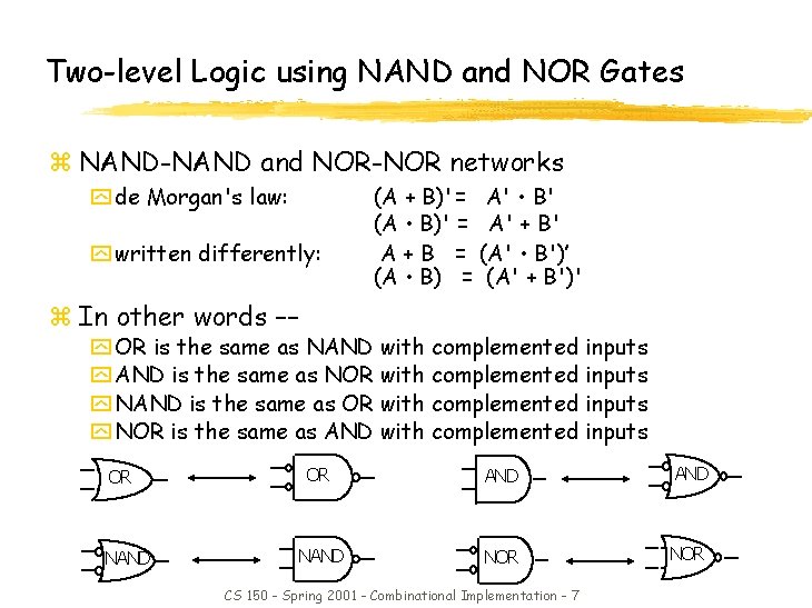 Two-level Logic using NAND and NOR Gates z NAND-NAND and NOR-NOR networks y de