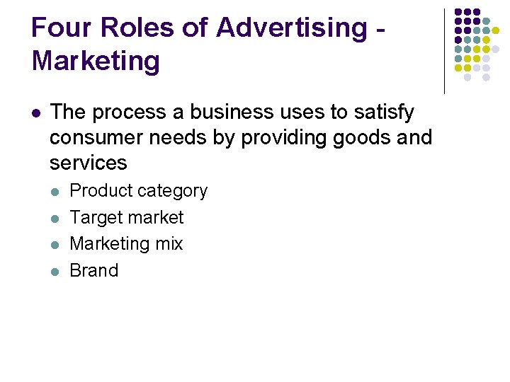 Four Roles of Advertising Marketing l The process a business uses to satisfy consumer