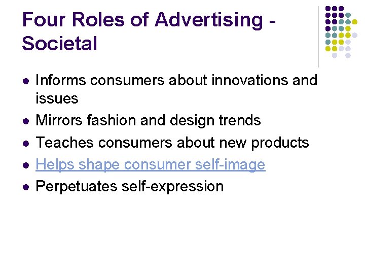 Four Roles of Advertising Societal l l Informs consumers about innovations and issues Mirrors