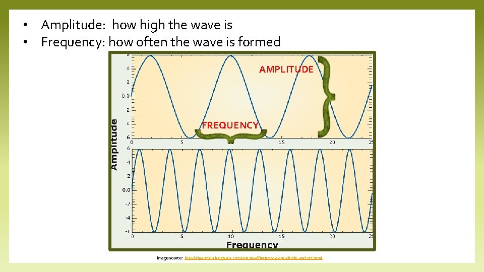  • Amplitude: how high the wave is • Frequency: how often the wave