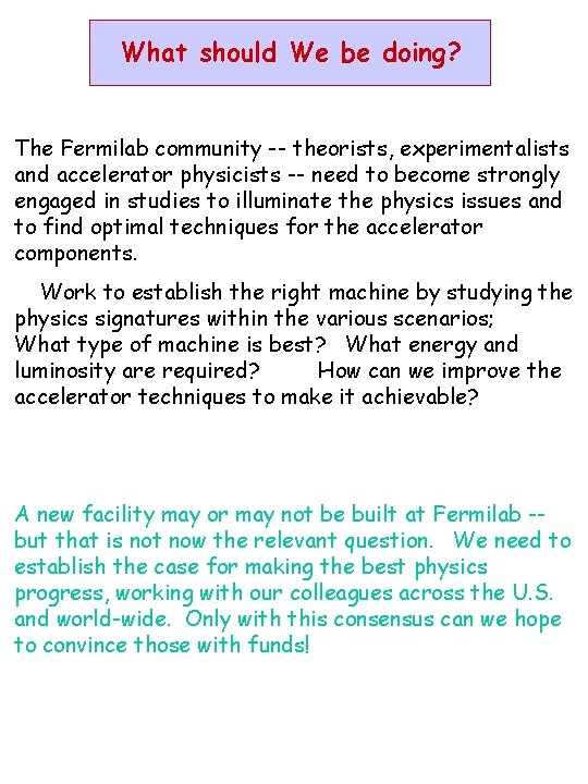 What should We be doing? The Fermilab community -- theorists, experimentalists and accelerator physicists