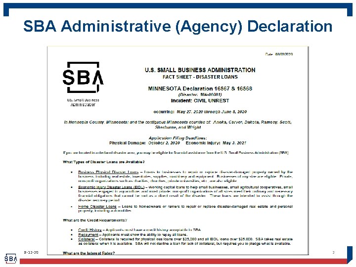 SBA Administrative (Agency) Declaration 8 -12 -20 2 