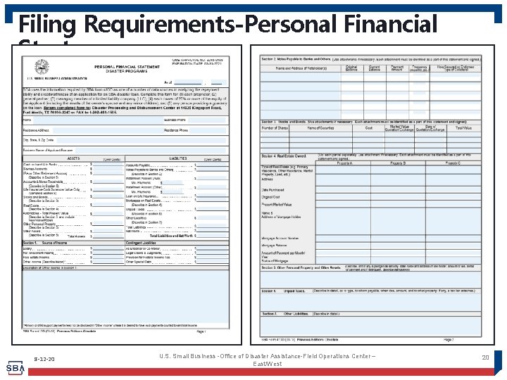 Filing Requirements-Personal Financial Stmt. 8 -12 -20 U. S. Small Business -Office of Disaster