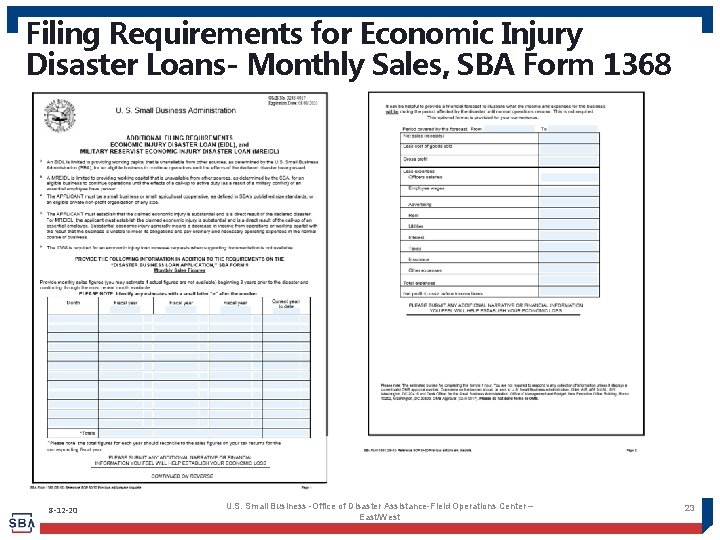 Filing Requirements for Economic Injury Disaster Loans- Monthly Sales, SBA Form 1368 8 -12
