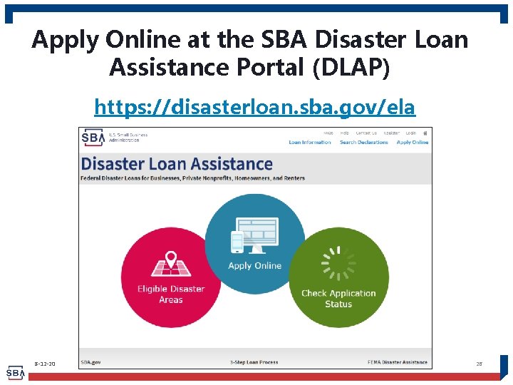 Apply Online at the SBA Disaster Loan Assistance Portal (DLAP) https: //disasterloan. sba. gov/ela