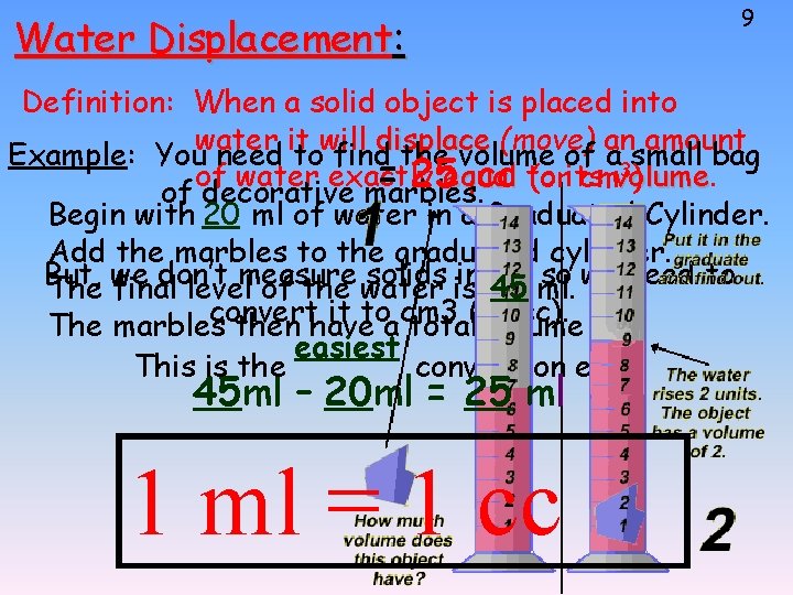 Water Displacement: 9 Definition: When a solid object is placed into water it will Water Displacement: 9 Definition: When a solid object is placed into water it will
