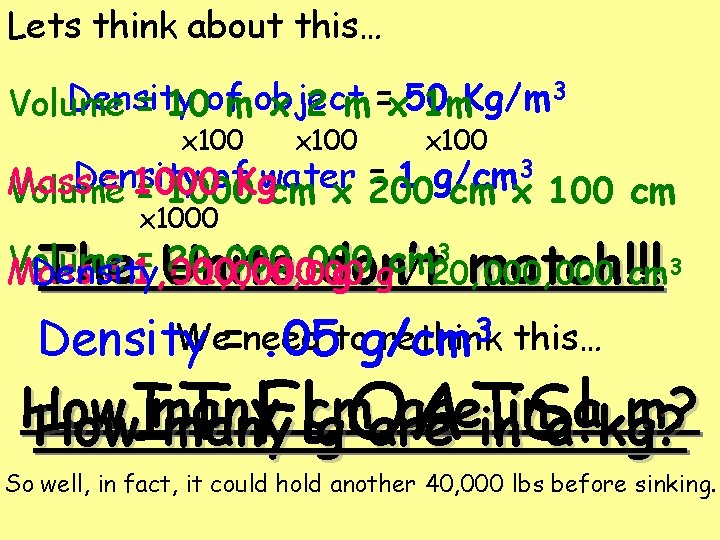 Lets think about this… 3 Density of object = 50 Kg/m Volume = 10 Lets think about this… 3 Density of object = 50 Kg/m Volume = 10