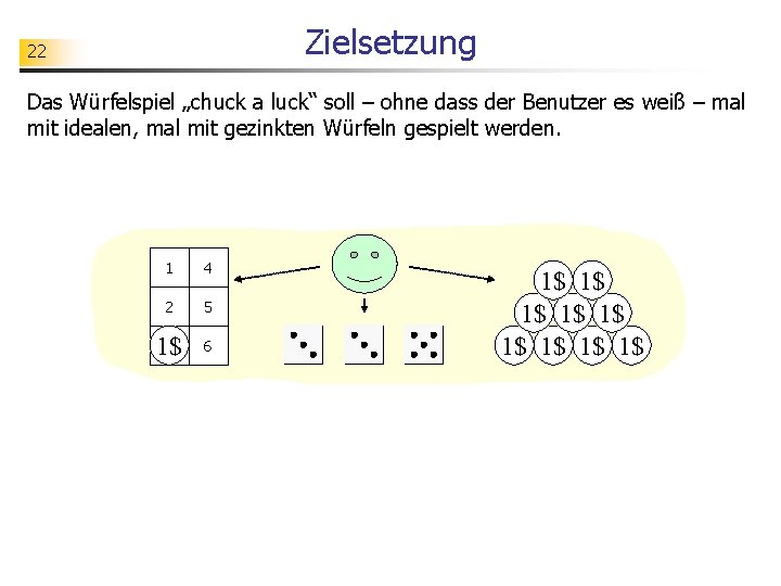 Zielsetzung 22 Das Würfelspiel „chuck a luck“ soll – ohne dass der Benutzer es