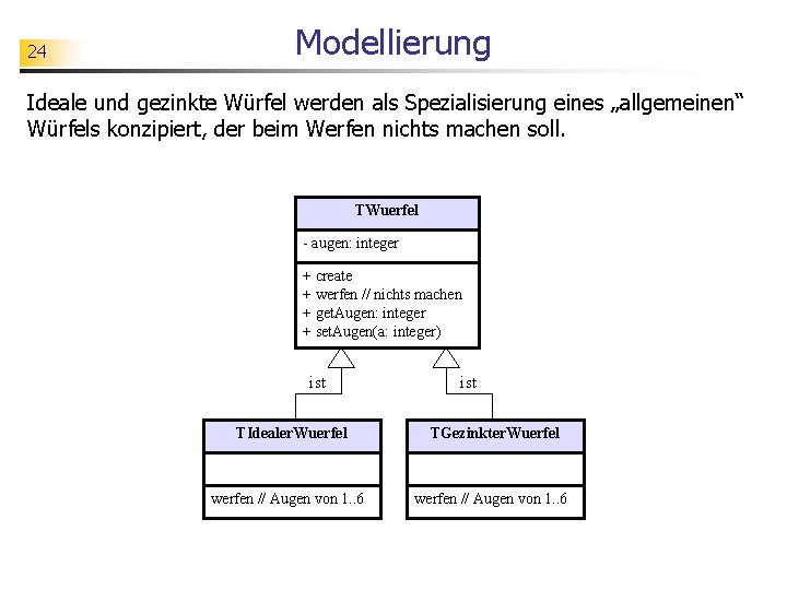 24 Modellierung Ideale und gezinkte Würfel werden als Spezialisierung eines „allgemeinen“ Würfels konzipiert, der