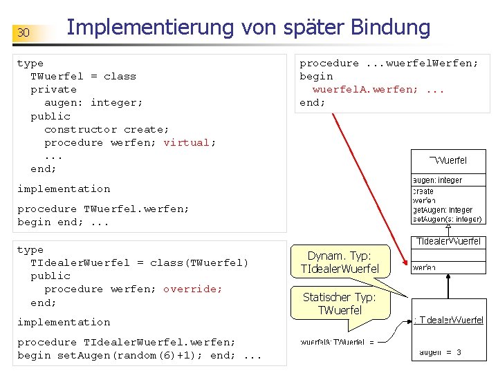 30 Implementierung von später Bindung type TWuerfel = class private augen: integer; public constructor