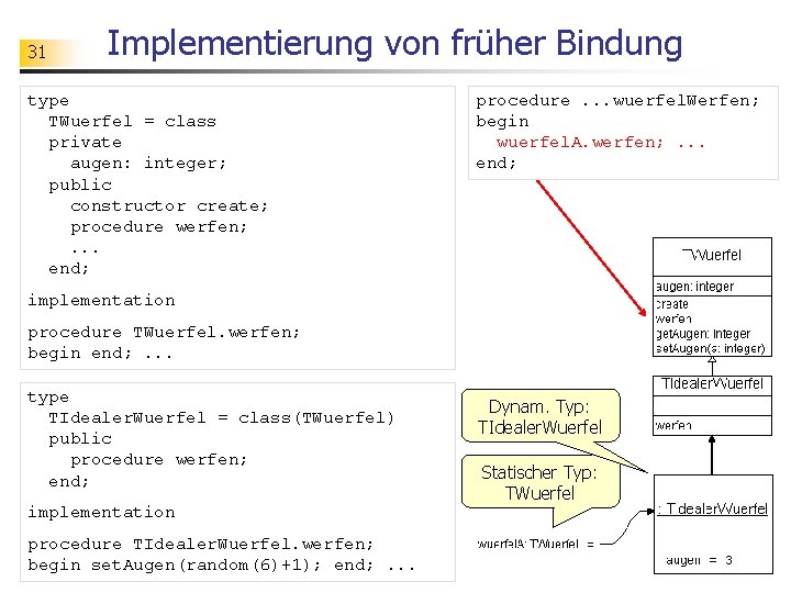 31 Implementierung von früher Bindung type TWuerfel = class private augen: integer; public constructor