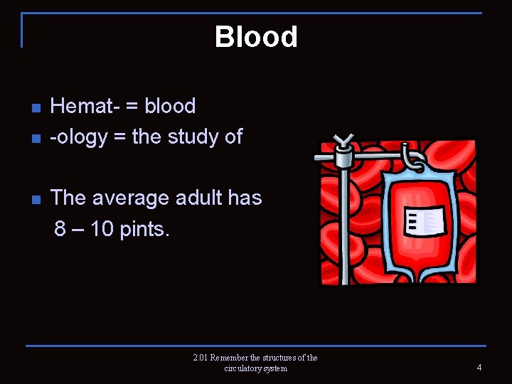 Blood n n n Hemat- = blood -ology = the study of The average