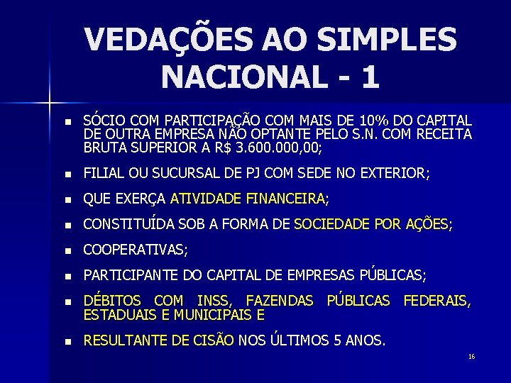 VEDAÇÕES AO SIMPLES NACIONAL - 1 n SÓCIO COM PARTICIPAÇÃO COM MAIS DE 10%