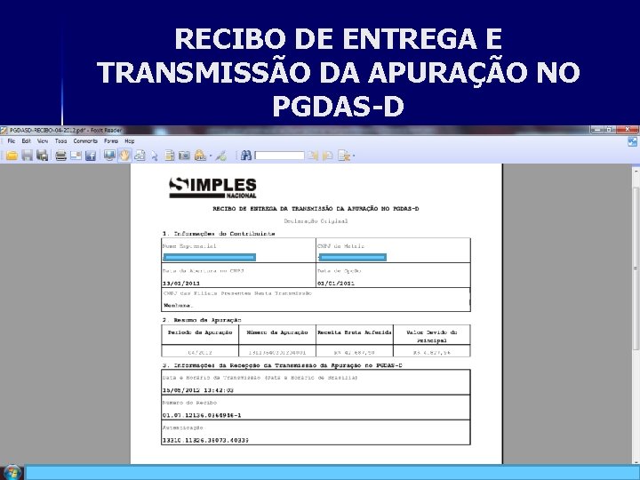 RECIBO DE ENTREGA E TRANSMISSÃO DA APURAÇÃO NO PGDAS-D 26 