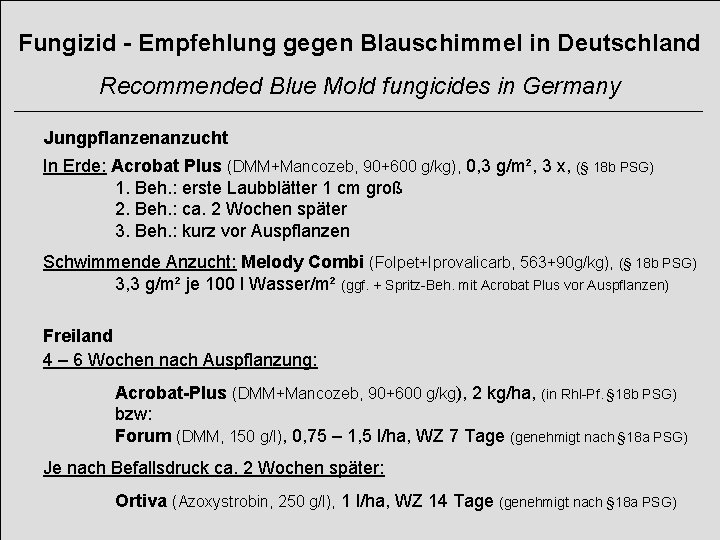 Fungizid - Empfehlung gegen Blauschimmel in Deutschland Recommended Blue Mold fungicides in Germany Jungpflanzenanzucht