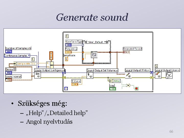 Generate sound • Szükséges még: – „Help”/„Detailed help” – Angol nyelvtudás 66 