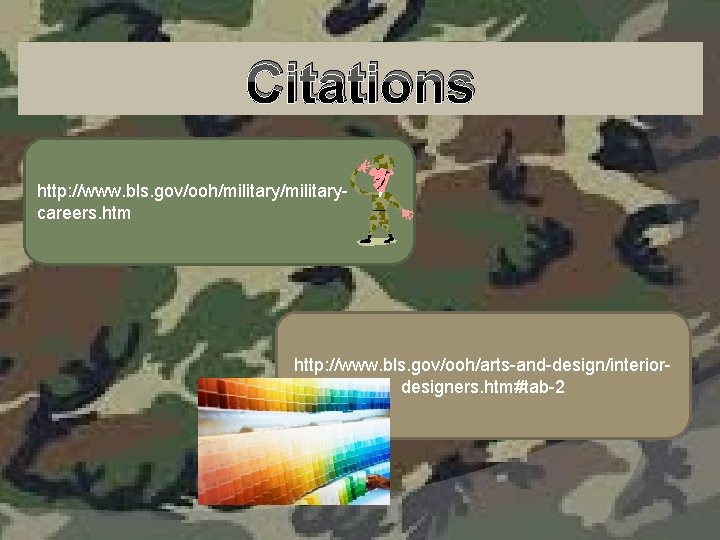 Citations http: //www. bls. gov/ooh/militarycareers. htm http: //www. bls. gov/ooh/arts-and-design/interiordesigners. htm#tab-2 