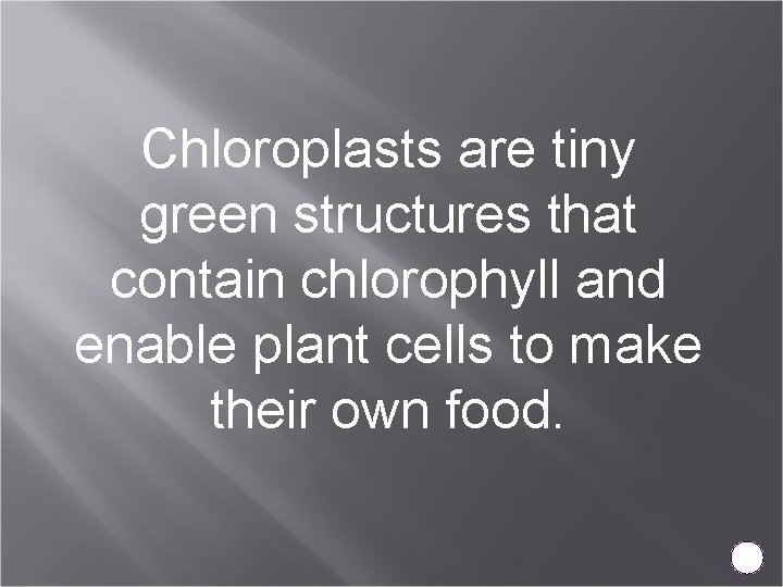 Chloroplasts are tiny green structures that contain chlorophyll and enable plant cells to make