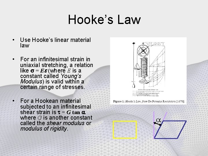 Hooke’s Law • Use Hooke’s linear material law • For an infinitesimal strain in