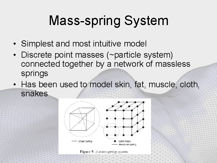 Mass-spring System • Simplest and most intuitive model • Discrete point masses (~particle system)