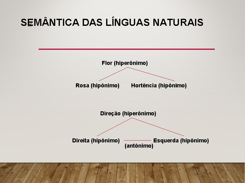 SEM NTICA DAS LÍNGUAS NATURAIS 35 Flor (hiperônimo) Rosa (hipônimo) Hortência (hipônimo) Direção (hiperônimo)