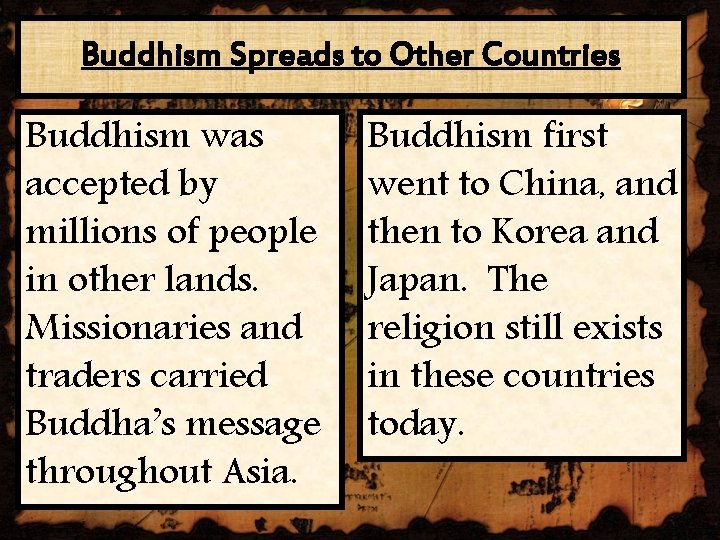 Buddhism Spreads to Other Countries Buddhism was accepted by millions of people in other