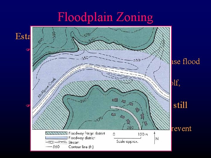 Floodplain Zoning Establish flood-prone areas F Floodway District most susceptible s s F Allows