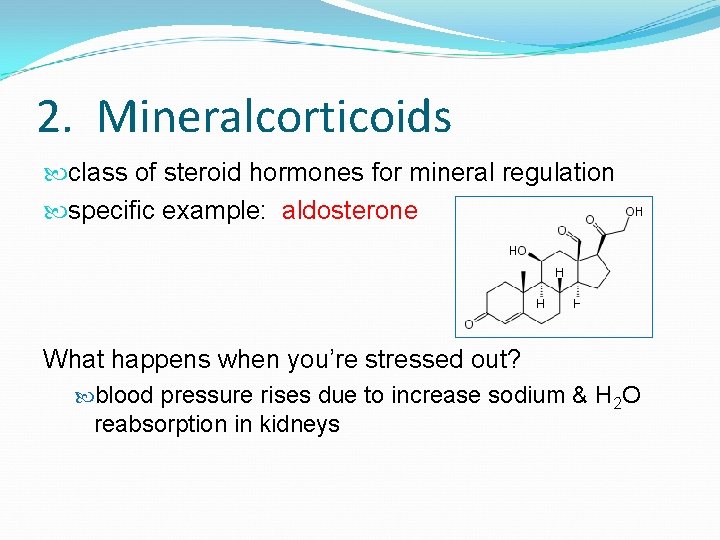 2. Mineralcorticoids class of steroid hormones for mineral regulation specific example: aldosterone What happens