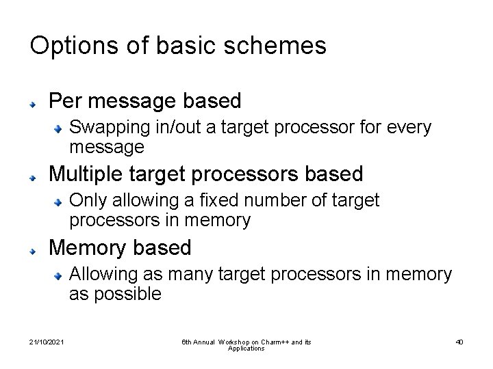 Options of basic schemes Per message based Swapping in/out a target processor for every