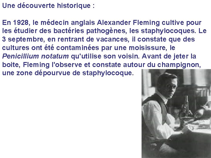 Une découverte historique : En 1928, le médecin anglais Alexander Fleming cultive pour les